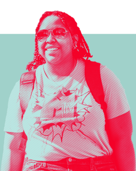 Duotone of student wearing sunglasses facing the camera and smiling in green and red